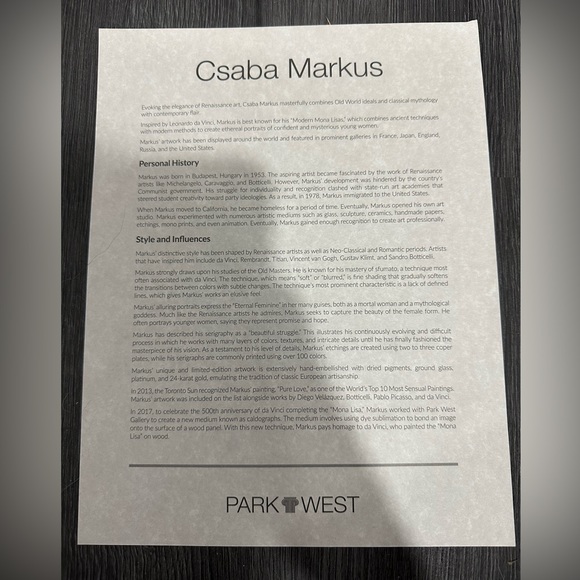 Csaba Markus 8x10 print of painting with authenticity letter - new + never used - Picture 4 of 6